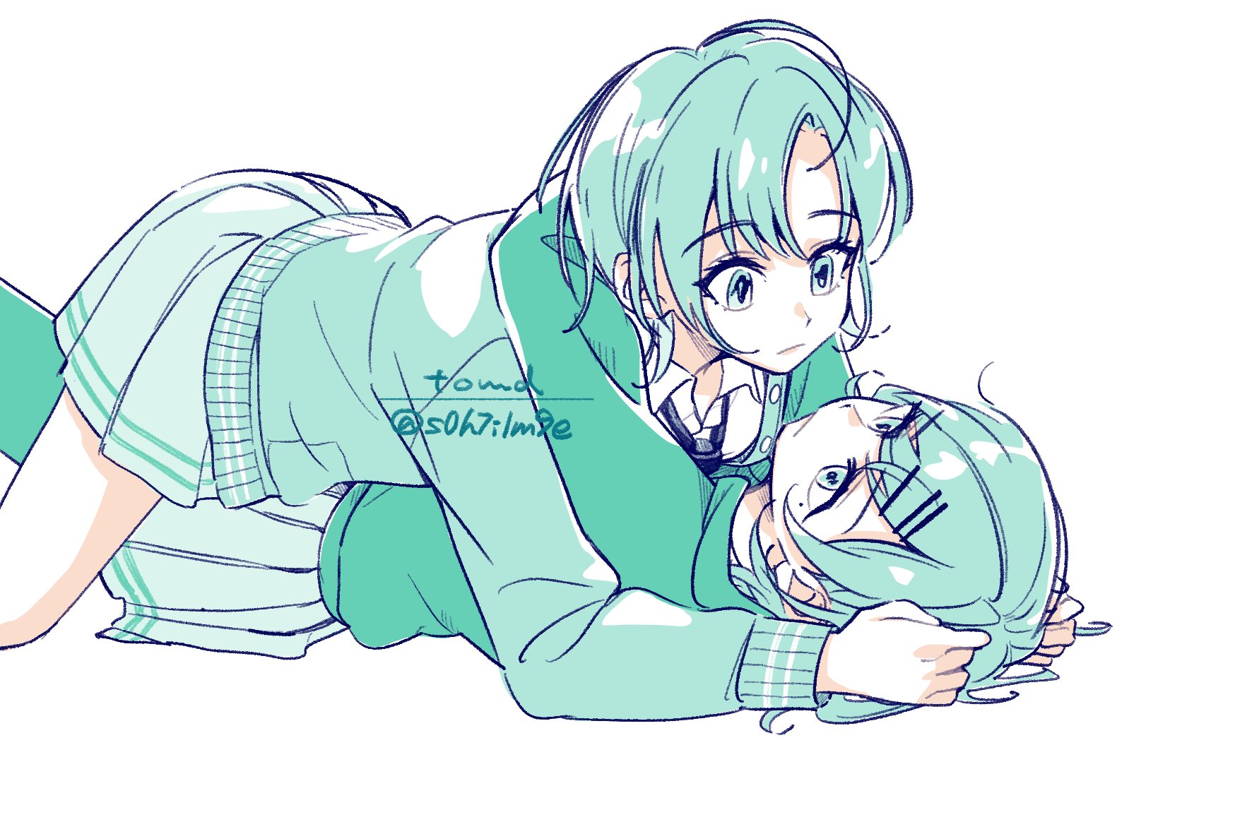 s0h7i1m9e, asakura toru, higuchi madoka, idolmaster, idolmaster shiny colors, commentary request, highres, 2girls, aqua eyes, aqua hair, girl on top, hug, jacket, limited palette, long sleeves, looking at another, miniskirt, monochrome, multiple girls, necktie, on floor, pantyhose, pleated skirt, short hair, skirt, white background