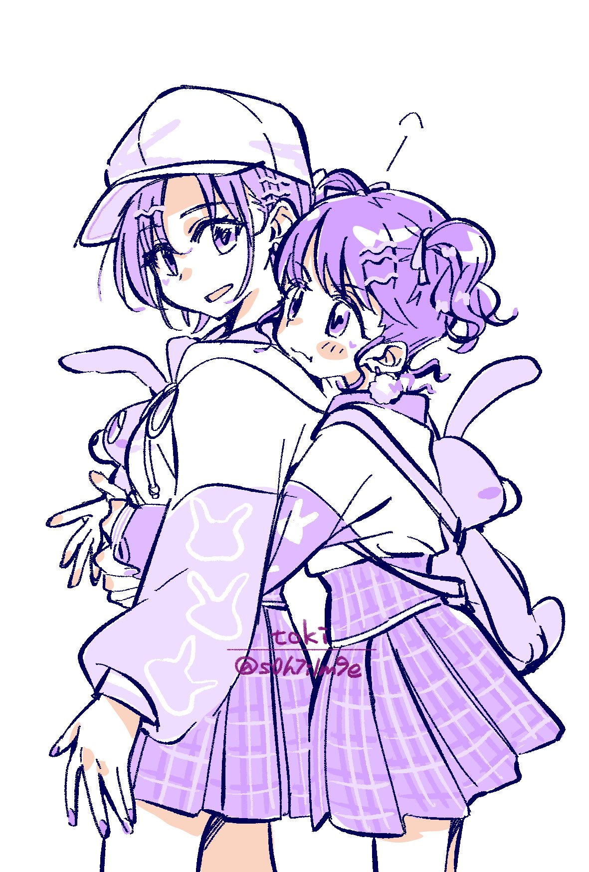 s0h7i1m9e, asakura toru, fukumaru koito, idolmaster, idolmaster shiny colors, commentary request, highres, 2girls, animal bag, backpack, bag, baseball cap, earrings, hair ornament, hairclip, hat, hug, hug from behind, jacket, jewelry, limited palette, long sleeves, miniskirt, monochrome, multiple girls, plaid clothes, plaid skirt, pleated skirt, pout, purple eyes, purple hair, purple nails, rabbit bag, skirt, twintails, white background