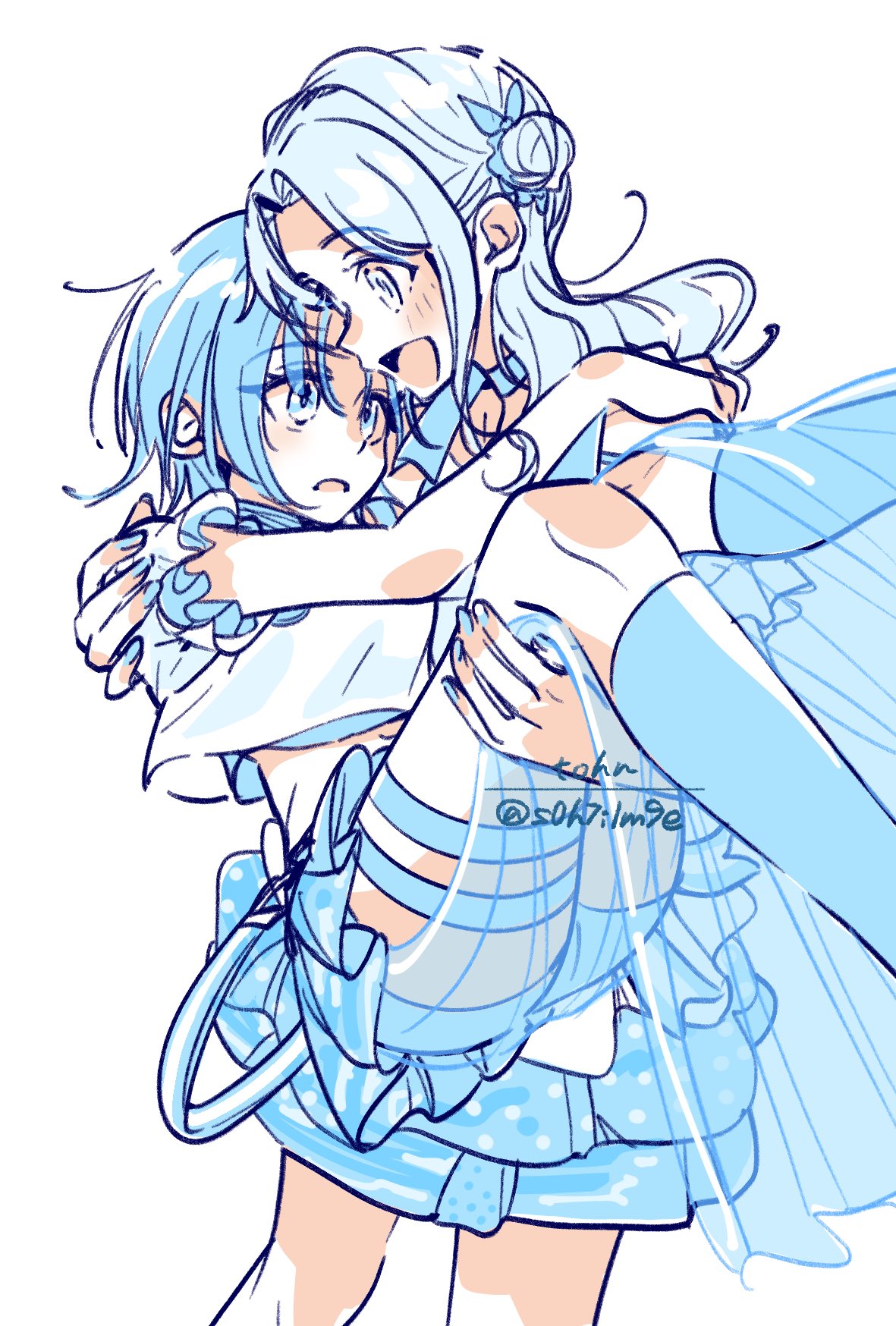 s0h7i1m9e, asakura toru, ichikawa hinana, idolmaster, idolmaster shiny colors, commentary request, highres, 2girls, blue eyes, blue hair, blue nails, carrying, clear marine calm (idolmaster), crop top, hair bun, kneehighs, limited palette, long hair, miniskirt, monochrome, multiple girls, princess carry, short hair, short sleeves, shorts, single side bun, skirt, socks, white background