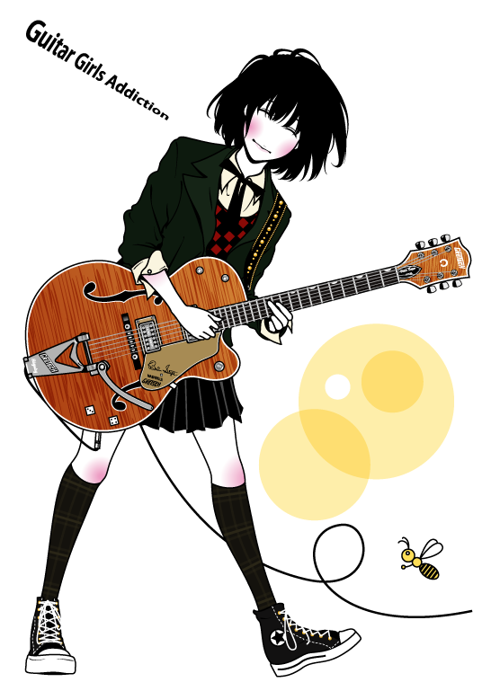 kasuya nagato, converse, original, bad id, bad pixiv id, bee, black hair, blush, bug, electric guitar, gretsch 6120, guitar, insect, instrument, kneehighs, school uniform, shoes, short hair, smile, sneakers, socks, solo