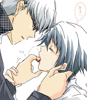 narukami yu, shirogane naoto, atlus, persona, persona 4, lowres, 1boy, 1girl, androgynous, blue hair, blush, chocolate, closed eyes, glasses, grey eyes, grey hair, licking, licking finger, reverse trap, school uniform, shirt, short hair, surprised