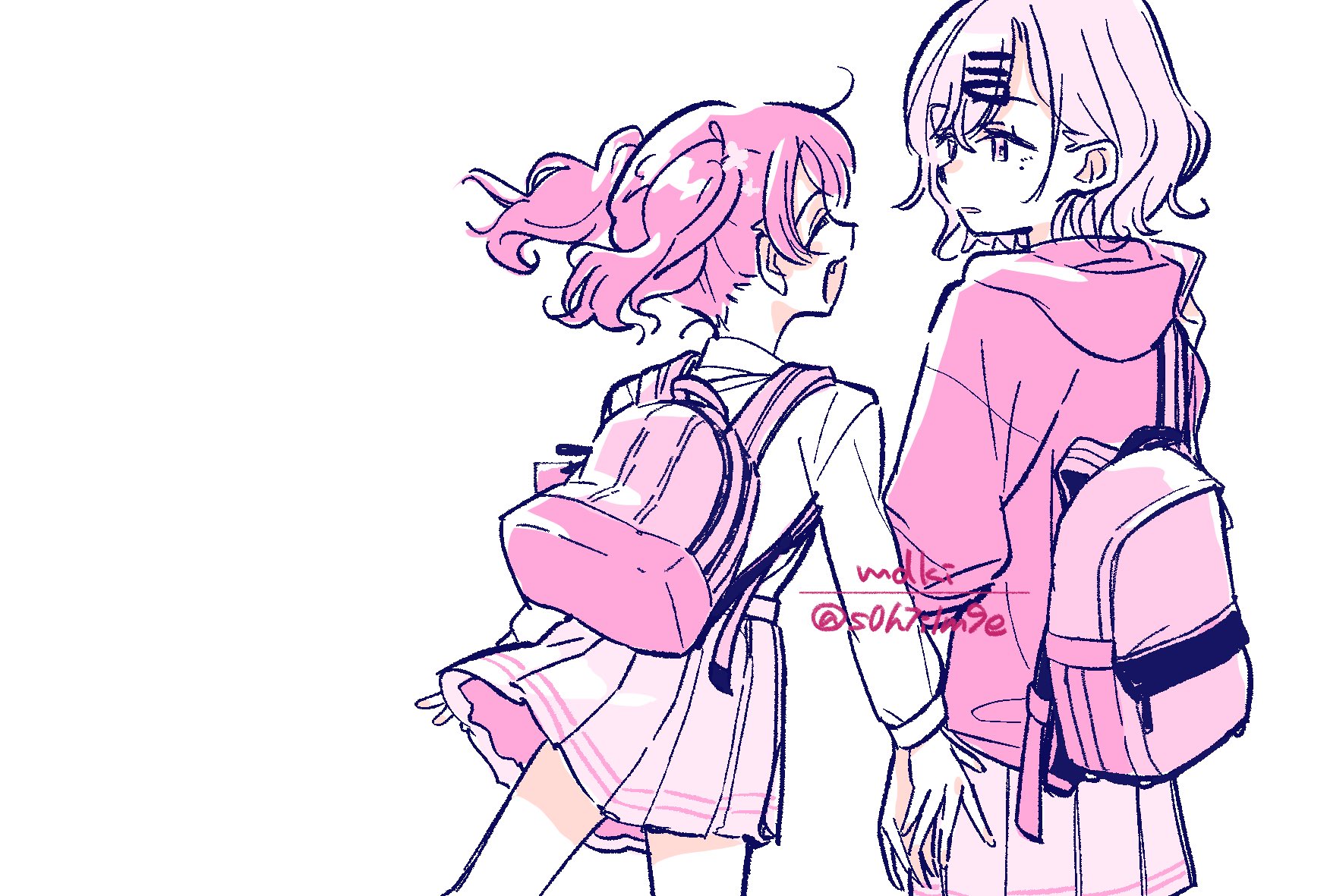 s0h7i1m9e, higuchi madoka, idolmaster, idolmaster shiny colors, commentary request, highres, 2girls, backpack, bag, closed eyes, hair ornament, hairclip, holding hands, limited palette, long sleeves, miniskirt, mole, mole under eye, monochrome, multiple girls, open mouth, pink hair, pink skirt, pleated skirt, school uniform, short hair, skirt, white background