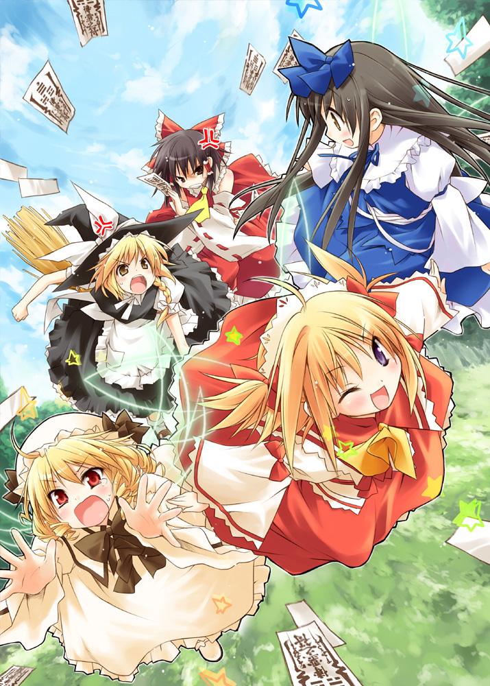 eretto, hakurei reimu, kirisame marisa, luna child, star sapphire, sunny milk, oriental sacred place, touhou, >:o, 5girls, :o, ;d, anger vein, angry, black hair, blonde hair, bow, braid, broom, brown eyes, chasing, cloud, day, drill hair, female focus, flying, hair bow, hair tubes, hat, headdress, long hair, multiple girls, ofuda, one eye closed, open mouth, outdoors, purple eyes, red eyes, short hair, short twintails, side braid, single braid, sky, smile, star (symbol), twintails, v-shaped eyebrows, wings, wink, witch hat, yellow eyes