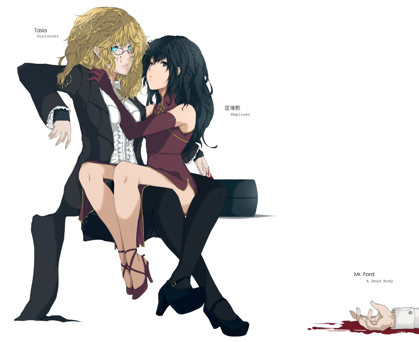 viola (seed), original, bad id, bad pixiv id, 2girls, black hair, blonde hair, blood, blue eyes, broken, broken eyewear, china dress, chinese clothes, dress, elbow gloves, glasses, gloves, grey eyes, high heels, long hair, multiple girls, pantyhose, sitting, yuri