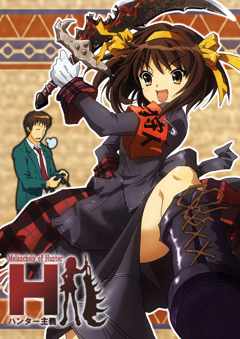 junkparts, kyon, suzumiya haruhi, capcom, monster hunter (series), suzumiya haruhi no yuuutsu, highres, armband, brown eyes, brown hair, controller, game controller, gloves, hair ribbon, healer u (armor), necktie, parody, ribbon, school uniform, short hair, sword, weapon
