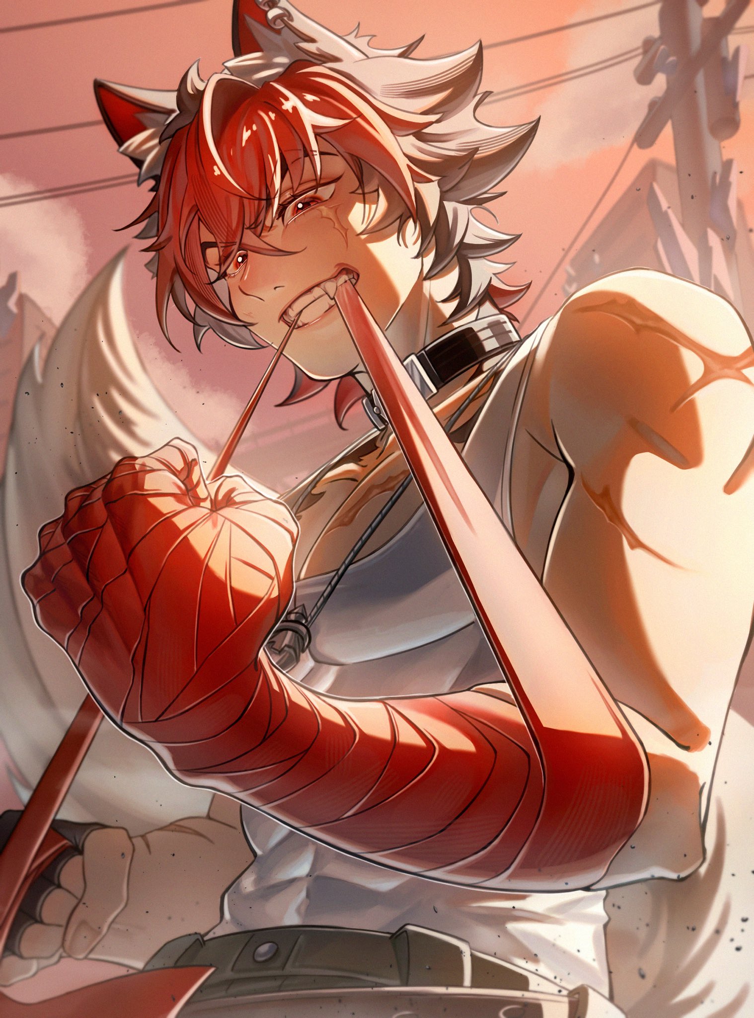 kizumi (kizumi tbdi1011), komano manato, zenless zone zero, commentary request, highres, 1boy, abs, animal ear fluff, animal ear piercing, animal ears, bandaged arm, bandages, belt, black gloves, black hair, clenched hand, clenched teeth, collar, collarbone, crossed bangs, dog boy, dog ears, dog tail, fingerless gloves, gloves, jewelry, male focus, multicolored hair, multiple scars, muscular, muscular male, necklace, outdoors, pectorals, red bandage, red eyes, red hair, scar, scar across eye, scar on chest, scar on face, scar on shoulder, shirt, short hair, single fingerless glove, single glove, solo, tail, teeth, upper body, white shirt