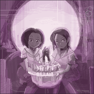hoshi kubi, l'amour de pierrot, lowres, 2girls, fine art parody, multiple girls, oekaki, optical illusion, parody, skull, symmetry