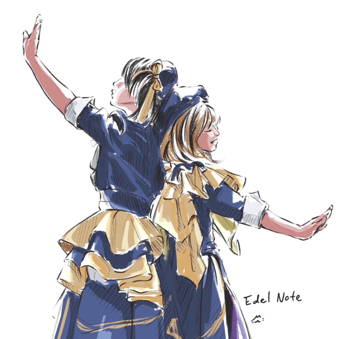 mame orca, shindou amane, link! like! love live!, love live!, real life, commentary, hashtag-only commentary, 2girls, 5th live tour ~4pair power spread!!!!~, animification, back-to-back, black hair, blue jacket, blue skirt, brown hair, closed eyes, edel note, jacket, looking at viewer, miyake miu, multiple girls, official alternate costume, outstretched arm, profile, short-sleeved jacket, short sleeves, simple background, skirt, theater ikizama, voice actor, white background