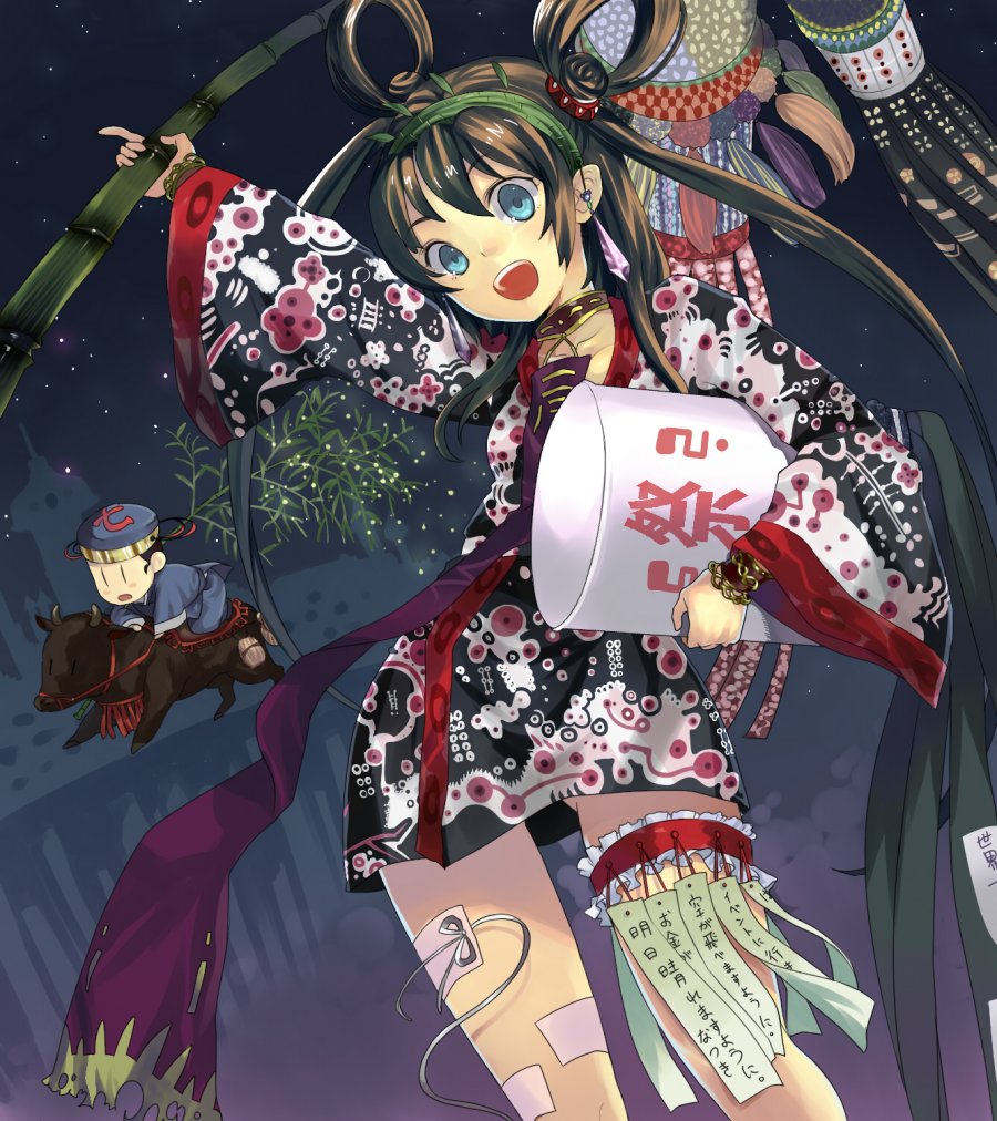 aki (mare desiderii), original, bamboo, black hair, blue eyes, bracelet, hairband, japanese clothes, jewelry, kimono, long hair, open mouth, tanabata, twintails, yukata