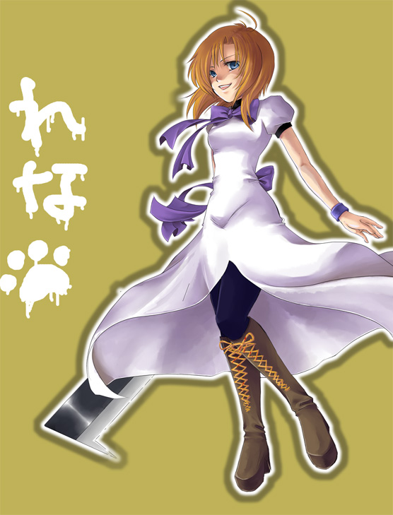 obi (artist), obi (lyric), ryuuguu rena, higurashi no naku koro ni, bad id, bad pixiv id, 00s, 1girl, ahoge, billhook, blue eyes, boots, bow, brown boots, brown hair, dress, female focus, hashitsuki nata, hatchet, knee boots, lace-up boots, nata (tool), paw print, short hair, solo, thighhighs, wristband