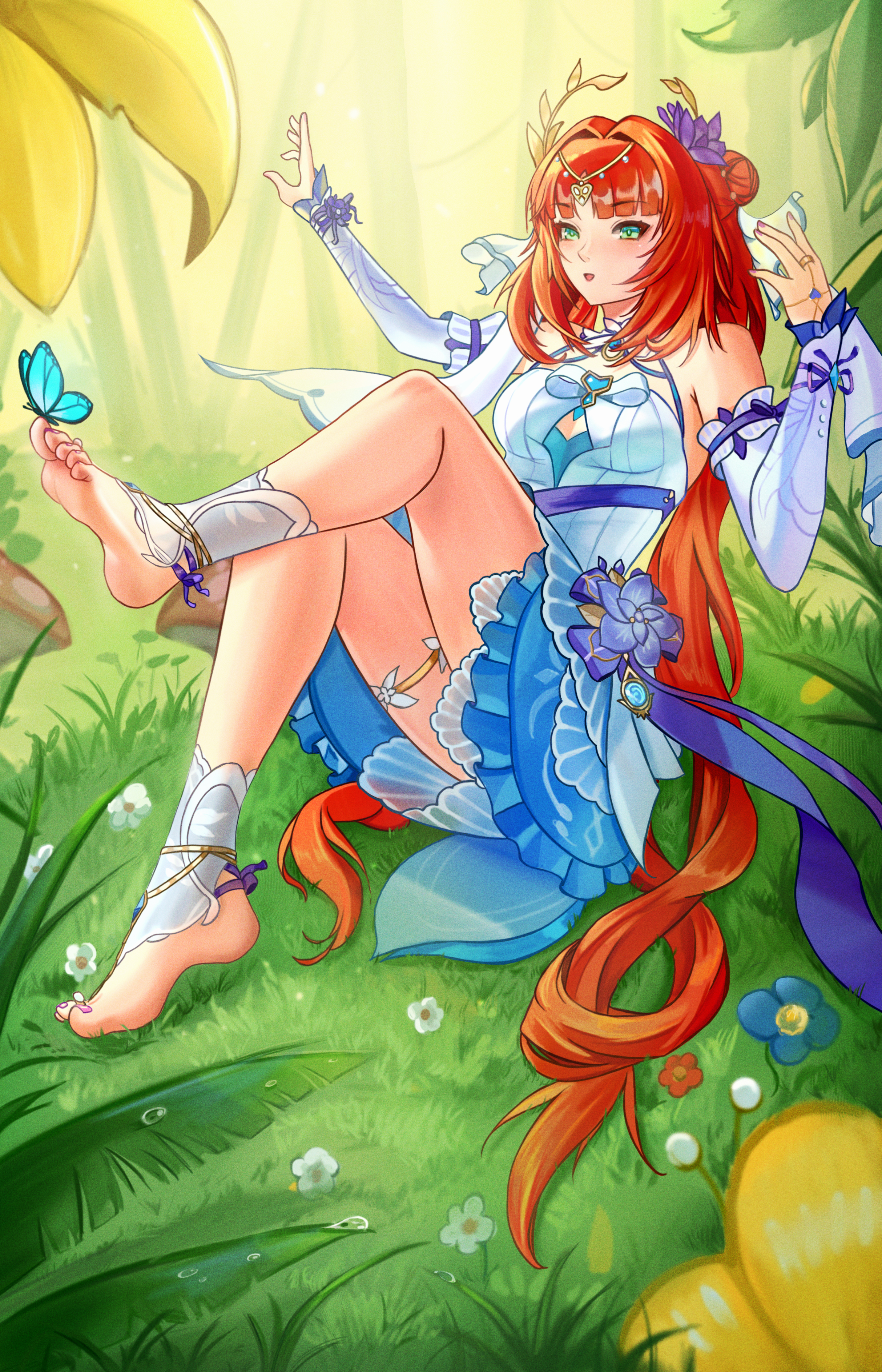 puppnett, nilou (breeze of sabaa) (genshin impact), nilou (genshin impact), genshin impact, highres, huge filesize, 1girl, arched soles, armpit crease, barefoot, barefoot sandals (jewelry), blue eyes, blunt bangs, breasts, bug, butterfly, butterfly on foot, cleavage cutout, clothing cutout, day, detached sleeves, double bun, eyelashes, feet, female focus, field, fingernails, flower, flower field, forest, full body, hair bun, halterneck, hand up, insect, jewelry, knees, legs, long hair, low twintails, nail polish, nature, official alternate costume, orange hair, outdoors, outstretched arms, parted lips, pink toenails, ribbon-trimmed sleeves, ribbon trim, ring, sidelocks, small breasts, soles, thighlet, thighs, tiara, toenail polish, toenails, toes, twintails, very long hair, vision (genshin impact)
