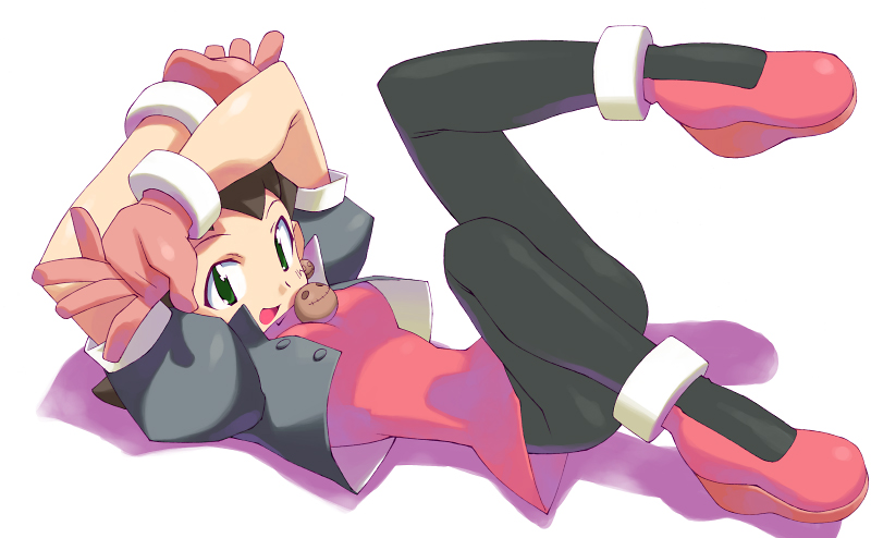 tron bonne (mega man), capcom, mega man (series), mega man legends (series), 1girl, female focus, gloves, green eyes, hair slicked back, lying, on back, pantyhose, solo