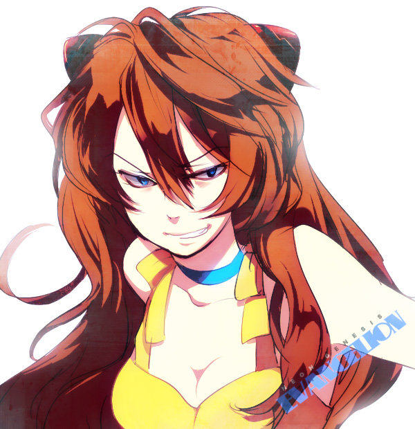 souryuu asuka langley, evangelion: 2.0 you can (not) advance, neon genesis evangelion, rebuild of evangelion, 00s, 1girl, angry, armpits, bare shoulders, blue eyes, choker, dress, evil grin, evil smile, female focus, grin, long hair, orange hair, simple background, smile, sneer, solo, sundress, white background, yellow dress