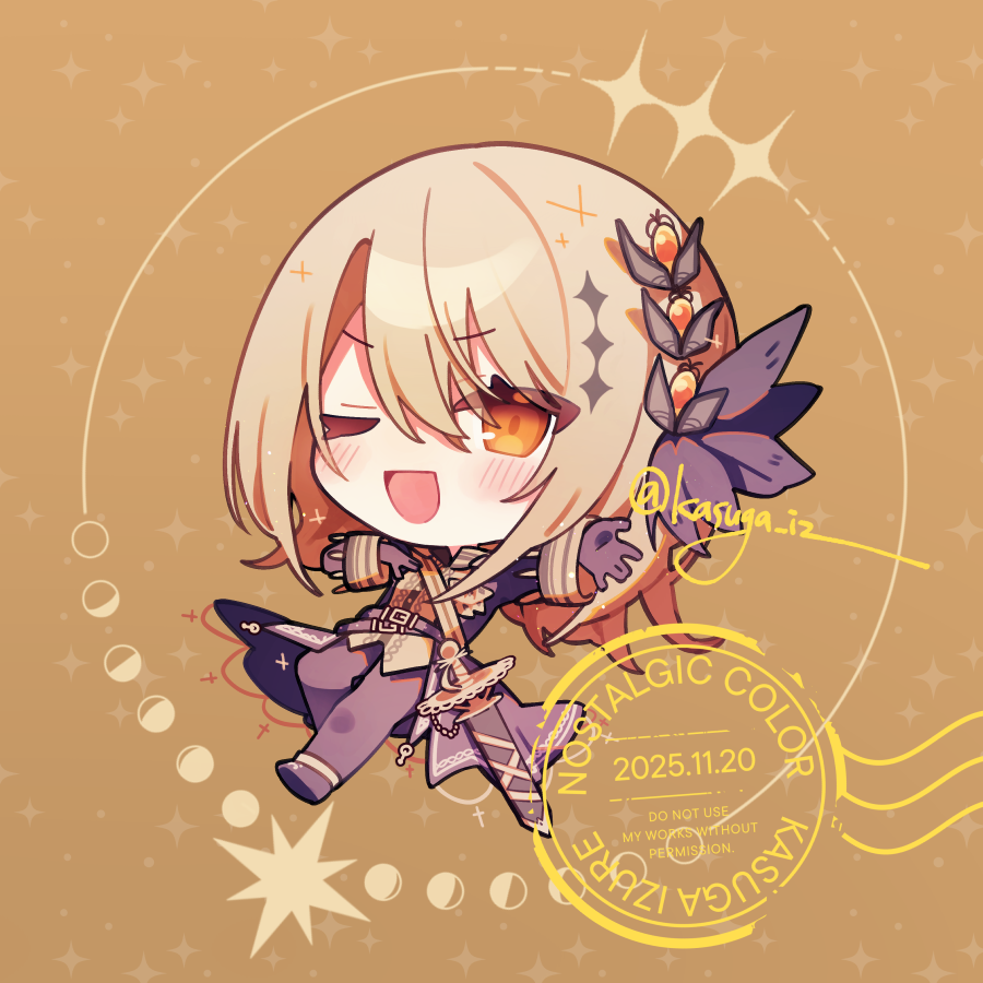 kasuga haruhi, hasumi leia, mahou shoujo no majo saiban, commentary, 1girl, ;d, black gloves, black jacket, black pants, black shoes, blonde hair, brown background, chibi, chibi only, full body, gloves, hair between eyes, hair ornament, jacket, long sleeves, looking at viewer, one eye closed, open mouth, pants, sash, sheath, sheathed, shoes, short hair, shoulder sash, smile, solo, sword, weapon, yellow eyes