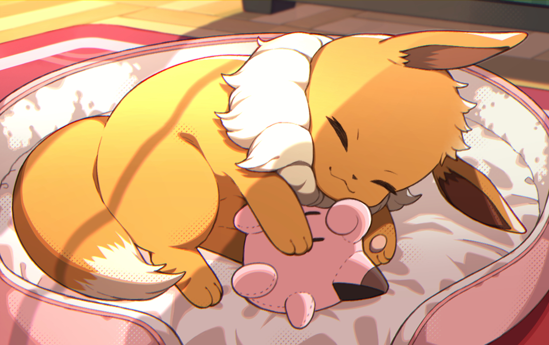 yamada sakura, eevee, jigglypuff, nintendo, pokemon, commentary, hashtag-only commentary, :3, brown fur, character doll, closed eyes, closed mouth, doll, gen 1 pokemon, indoors, lying, neck fur, no humans, on side, pet bed, pokemon (creature), pokemon focus, solo