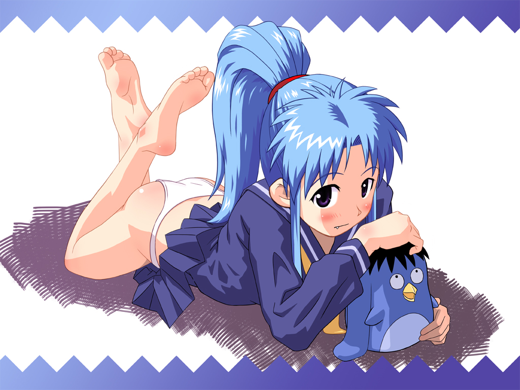 argon (argon18), botan (yu yu hakusho), puu (yu yu hakusho), yuu yuu hakusho, bad id, bad pixiv id, 1girl, barefoot, blue hair, fang, feet, full body, looking at viewer, lying, on stomach, panties, ponytail, school uniform, soles, the pose, toes, underwear