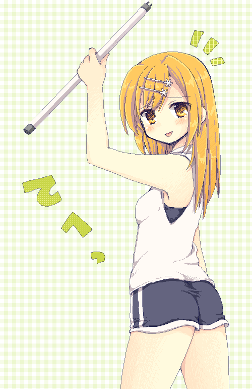 matsusaka gyuu, miyashita, mitsudomoe (manga), bad id, bad pixiv id, 1girl, :p, alternate hairstyle, ass, brown eyes, brown hair, female focus, fluorescent lamp, hair down, long hair, oekaki, shorts, solo, tongue, tongue out