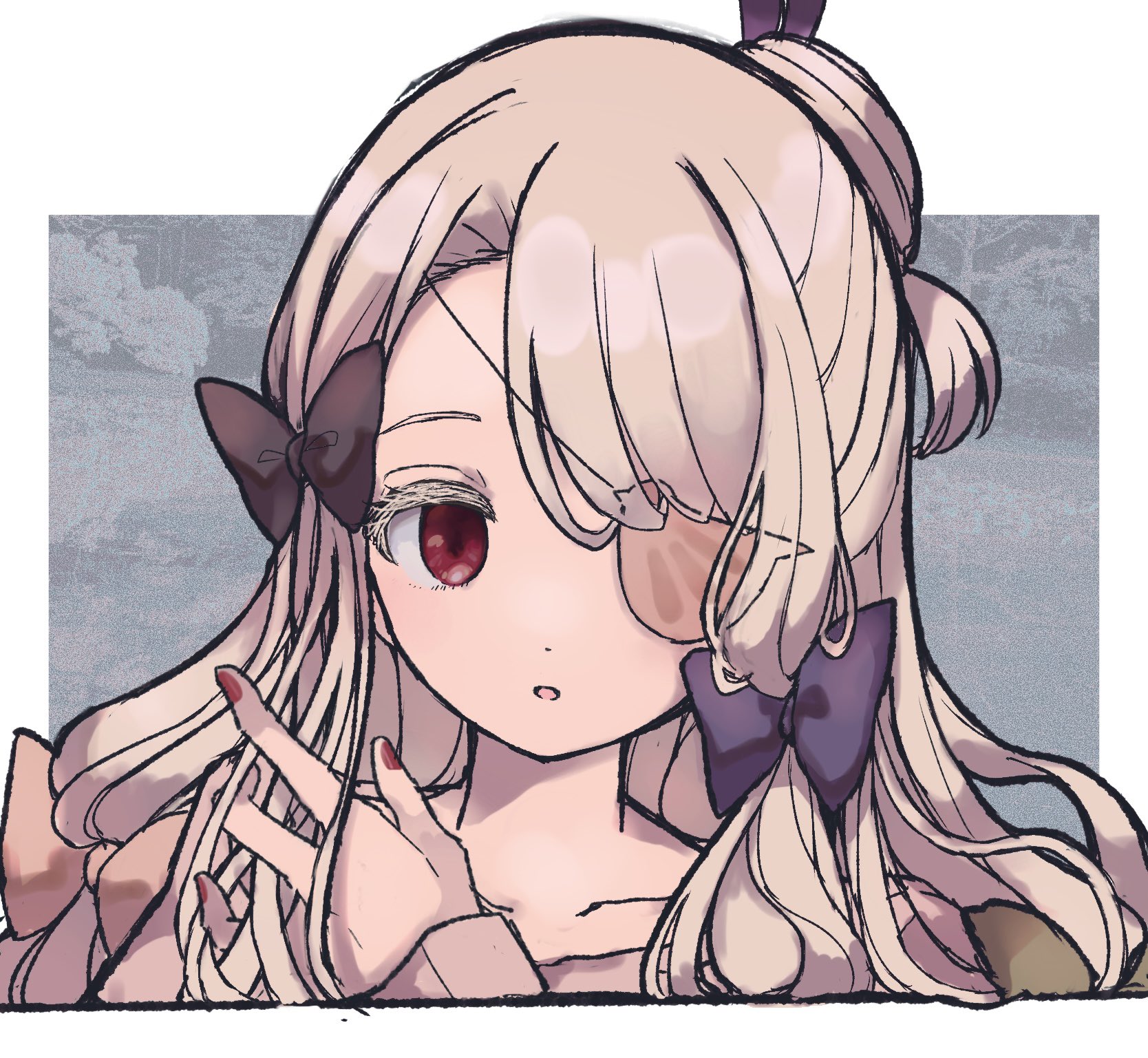 butter run, pfle, mahou shoujo ikusei keikaku, commentary request, highres, 1girl, black bow, blonde hair, bow, eyepatch, hair bow, hand in own hair, hand up, long hair, looking at viewer, magical girl, nail polish, purple bow, red eyes, red nails, solo, upper body