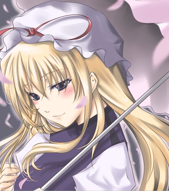 haruichi (komikal), yakumo yukari, touhou, 1girl, blonde hair, blush, female focus, hat, long hair, parasol, smile, solo, umbrella, upper body