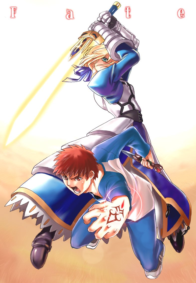 takenoko seijin, artoria pendragon (fate), emiya shirou, saber (fate), fate/stay night, fate (series), commentary request, 1boy, 1girl, armor, armored dress, azoth knife, blonde hair, blue ribbon, boots, command spell, copyright name, dagger, dress, excalibur (fate/stay night), full body, gauntlets, glowing, glowing sword, glowing weapon, green eyes, grey shoes, hair ribbon, holding, holding dagger, holding knife, holding sword, holding weapon, knife, long sleeves, open mouth, raglan sleeves, red eyes, red hair, ribbon, shoes, short hair, sword, weapon