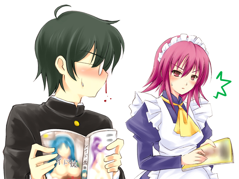 piku, ike hayato, wilhelmina carmel, maid bride, shakugan no shana, translated, 00s, apron, black hair, blood, blush, book, dress, glasses, green hair, magazine (object), maid, maid apron, maid headdress, nosebleed, pink eyes, pink hair, red eyes, school uniform, short hair, surprised