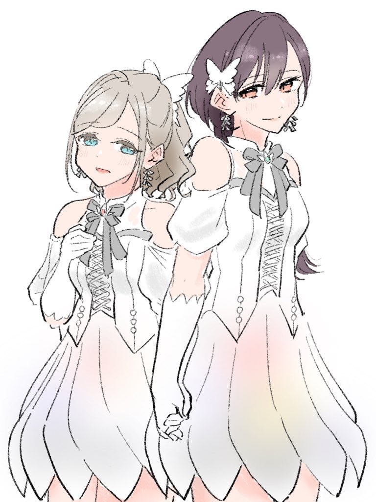 llkapital, ceras yanagida lilienfeld, katsuragi izumi, link! like! love live!, love live!, commentary request, 2girls, :d, alternate costume, aurora flower (love live!), bare shoulders, black hair, blue eyes, butterfly hair ornament, closed mouth, clothing cutout, cowboy shot, cross-laced clothes, cross-laced top, edel note, elbow gloves, gloves, grey hair, grey ribbon, hair ornament, holding hands, jellyfish cut, long hair, looking at viewer, miniskirt, multiple girls, neck ribbon, open mouth, orange eyes, ponytail, puffy short sleeves, puffy sleeves, ribbon, shirt, short sleeves, shoulder cutout, simple background, skirt, smile, split mouth, virtual youtuber, white background, white gloves, white shirt