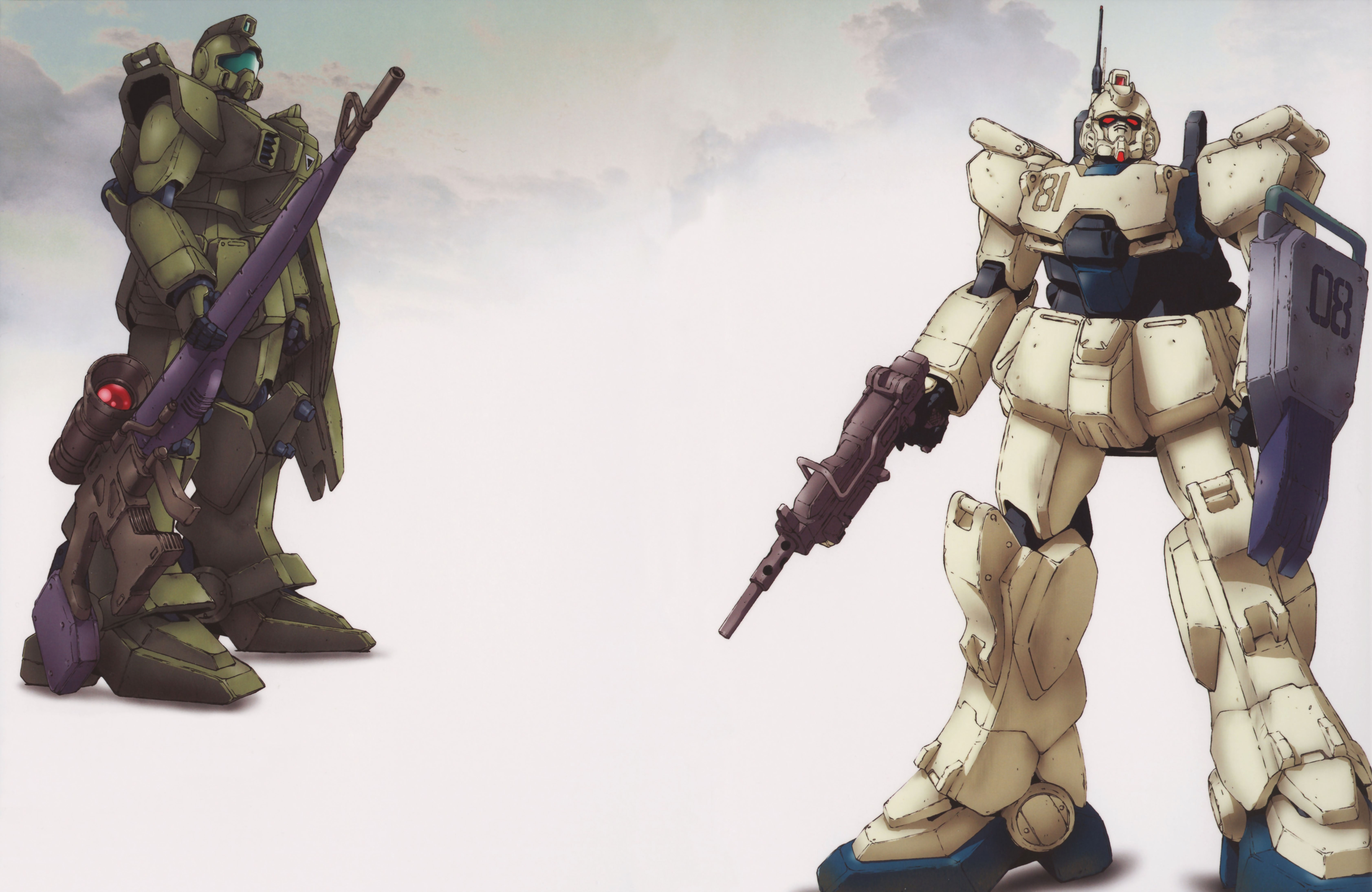 katoki hajime, gm (mobile suit), gm sniper, gundam ez8, gundam, gundam 08th ms team, absurdres, concept art, highres, official art, scan, traditional media, 1990s (style), assault rifle, cloud, fog, green visor, gun, machine gun, machinery, mecha, mecha focus, mobile suit, production art, radio antenna, red eyes, retro artstyle, rifle, robot, science fiction, scope, shield, sniper rifle, weapon