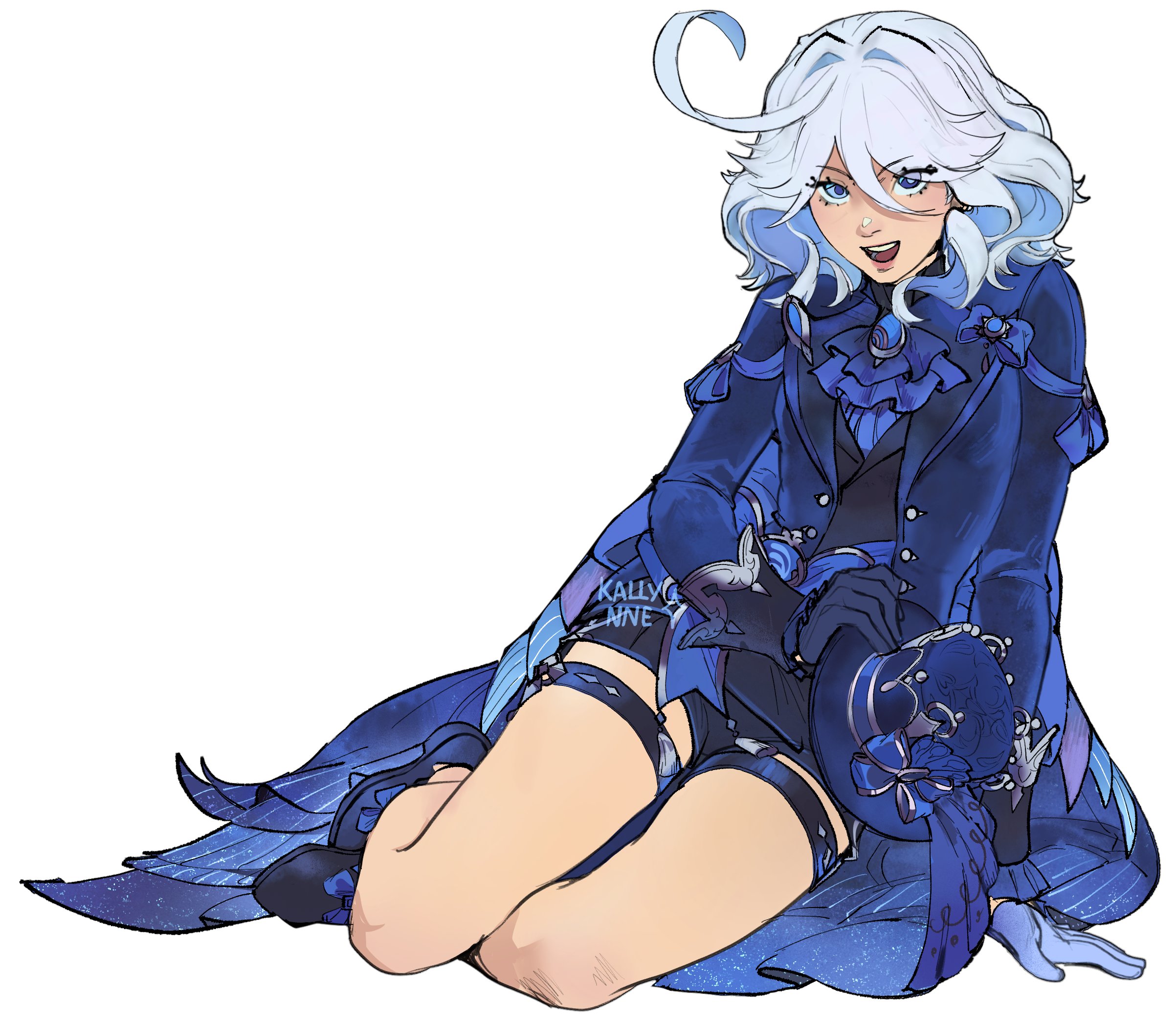 kallynnekmi, furina (genshin impact), genshin impact, hashtag-only commentary, highres, 1girl, ahoge, artist name, ascot, black gloves, black shoes, black shorts, black vest, blue ascot, blue coat, blue eyes, blue hair, blue shirt, coat, gloves, hat, heterochromia, holding, holding unworn clothes, holding unworn hat, looking at viewer, medium hair, mismatched pupils, open mouth, pink lips, shirt, shoes, shorts, simple background, sitting, solo, teeth, thigh strap, tongue, unworn hat, unworn headwear, upper teeth only, vest, white background, white hair