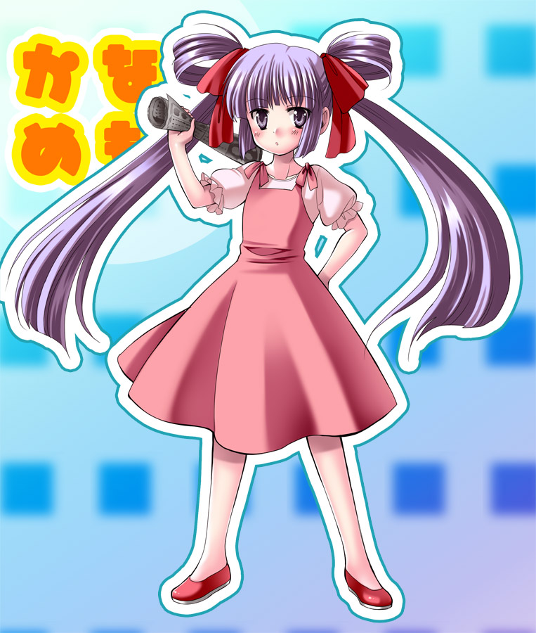 ayakawa riku, amano saki, kanamemo, 00s, blush, dress, hair ribbon, long hair, newspaper, purple eyes, purple hair, ribbon, twintails