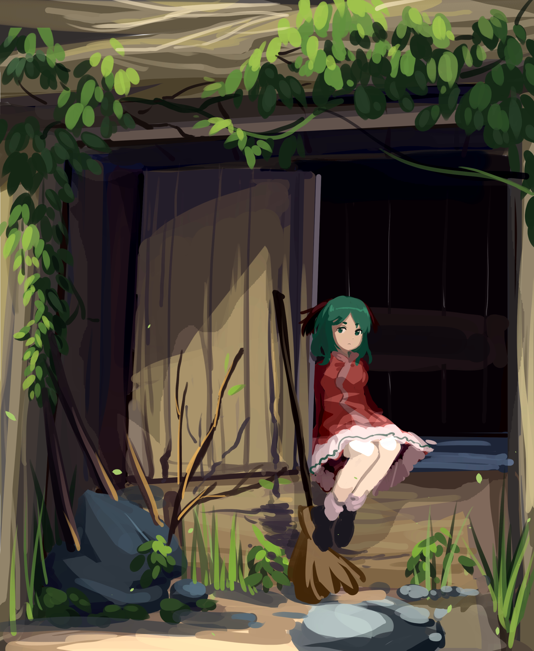 furahata gen, kasodani kyouko, touhou, highres, 1girl, animal ears, black shoes, black trim, branch, broom, cabin, closed mouth, dog ears, dress, grass, green eyes, green hair, hut, leaf, looking at viewer, overgrown, pink skirt, rock, shoes, sitting, skirt, socks, swept bangs, white dress, white socks