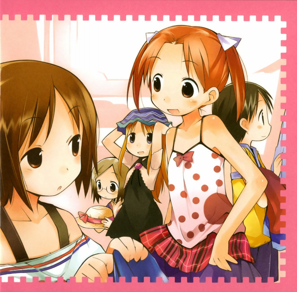 yamamoto keiji, ana coppola, itou chika, itou nobue, matsuoka miu, sakuragi matsuri, ichigo mashimaro, 5girls, child, female focus, glasses, hat, multiple girls, polka dot, polka dot shirt, shirt, short twintails, siblings, sisters, twintails