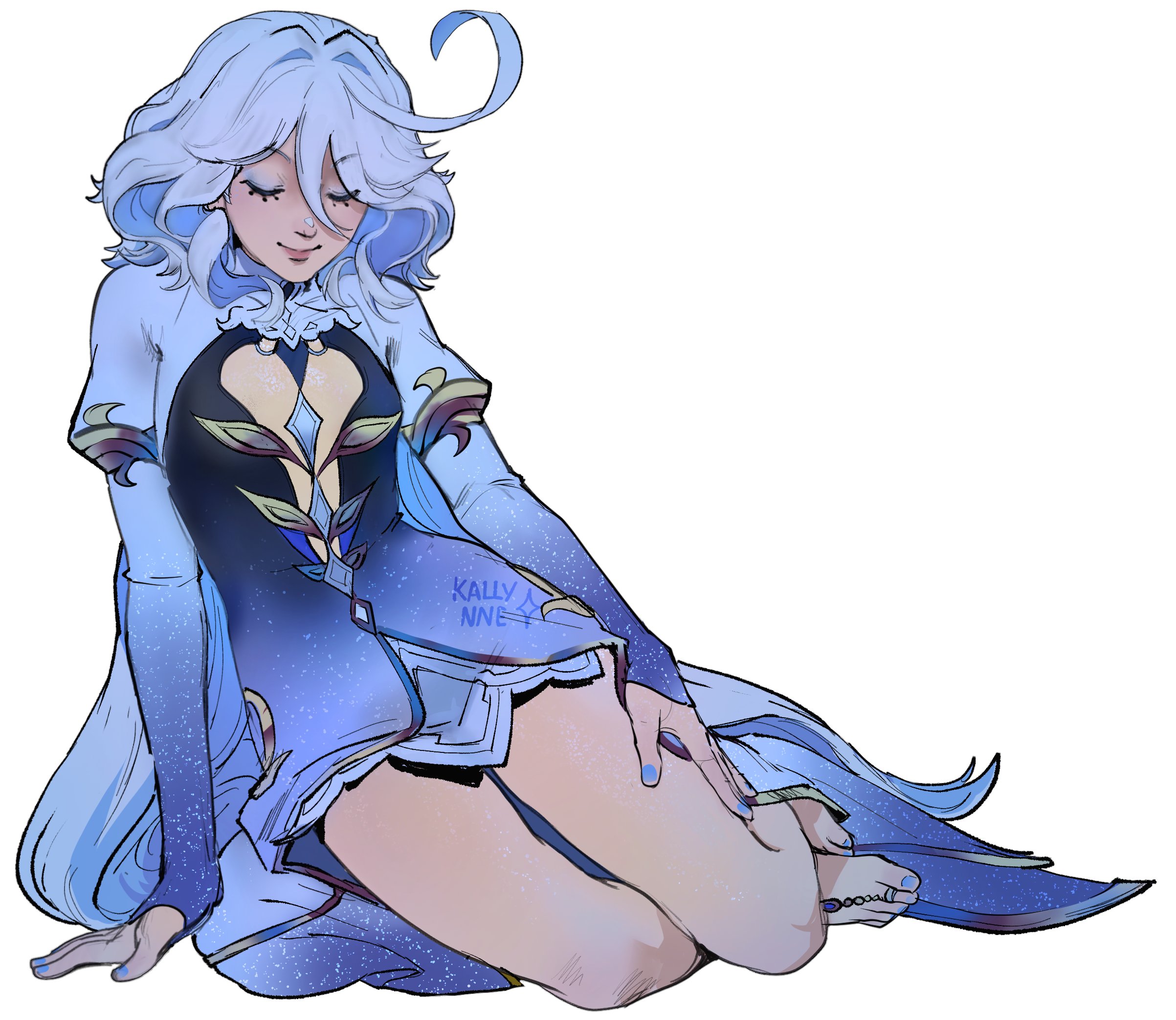 kallynnekmi, focalors (genshin impact), genshin impact, hashtag-only commentary, highres, 1girl, ahoge, barefoot, blue dress, blue eyeshadow, blue hair, closed eyes, closed mouth, dress, eyeshadow, hand on ground, hand on own thigh, jewelry, long hair, makeup, multicolored dress, pink lips, simple background, sitting, smile, solo, toe ring, white background, white dress, white hair