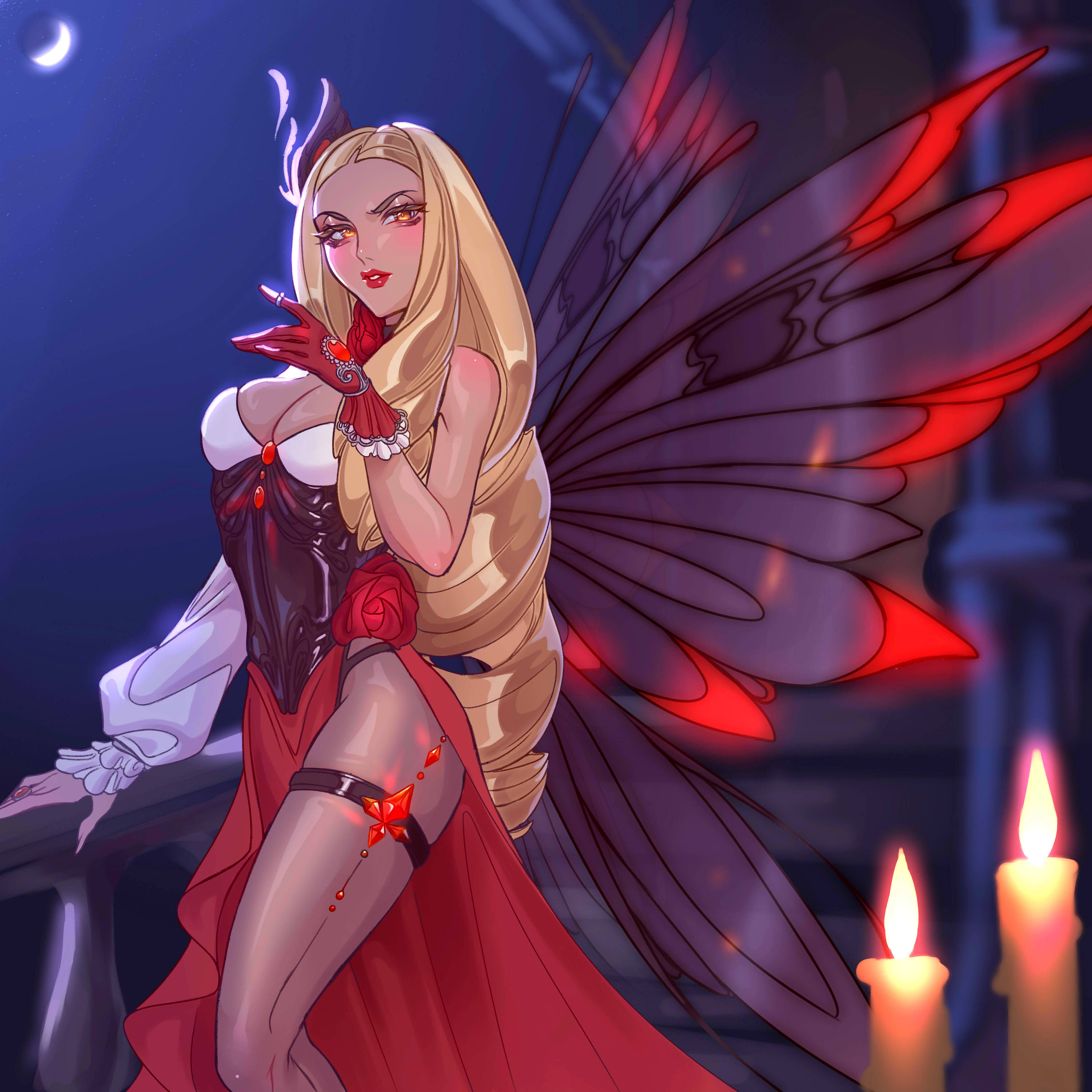 luverihu, winx club, absurdres, highres, 1girl, bare shoulders, black corset, blonde hair, blush, breasts, cleavage, corset, diaspro (winx club), dress, fairy, fashion, flower, frilled gloves, frills, gloves, hair ornament, long hair, pantyhose, red flower, red lips, red rose, red wings, ringlets, rose, side slit, single sleeve, two-tone wings, upper body, very long hair, wings