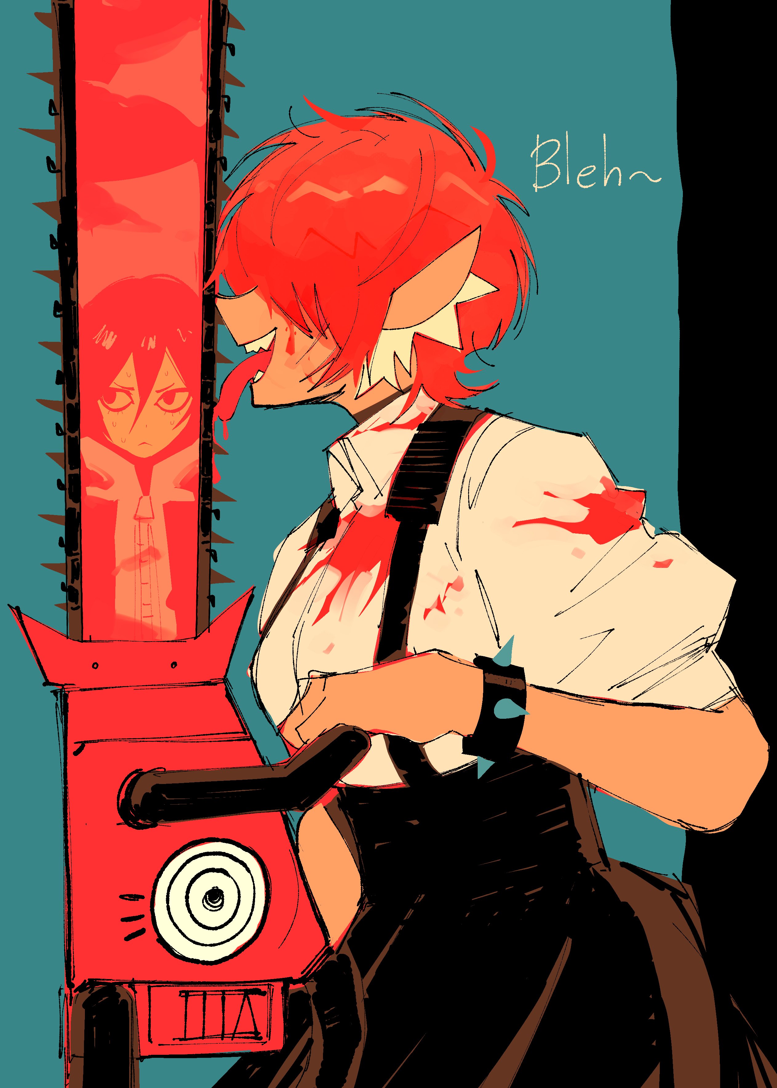 original, absurdres, commentary, english commentary, highres, 1girl, 1other, blood, blood on clothes, bracelet, chainsaw, dress, english text, from side, hair over eyes, holding, jewelry, licking, licking weapon, messy hair, multicolored hair, open mouth, pointy ears, puffy sleeves, red hair, reflection, senranx, sharp teeth, shirt, simple background, sound effects, spiked bracelet, spikes, teeth, tongue, tongue out, weapon, white hair, white shirt