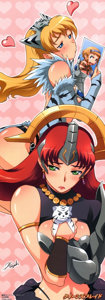 hisayuki hirokazu, captain of the royal guard elina, claudette (queen's blade), elina (queen's blade), exiled warrior leina, leina (queen's blade), queen's blade, long image, official art, tall image, 00s, 2girls, armor, ass, bikini armor, blonde hair, blush, breasts, bridal gauntlets, earrings, green eyes, heart, jewelry, large breasts, long hair, multiple girls, photo (object), red hair, revealing clothes, siblings, sisters, wide hips