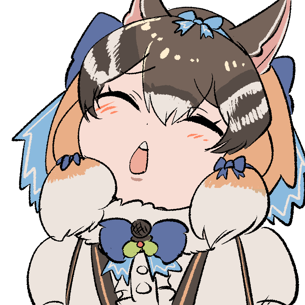 mcgunngu, siberian chipmunk (kemono friends), kemono friends, kemono friends v project, commentary, 1girl, animal ears, blue ribbon, blush, brown hair, chipmunk ears, chipmunk girl, closed eyes, extra ears, grey shirt, grey vest, microphone, ribbon, shirt, short hair, simple background, solo, upper body, vest, virtual youtuber