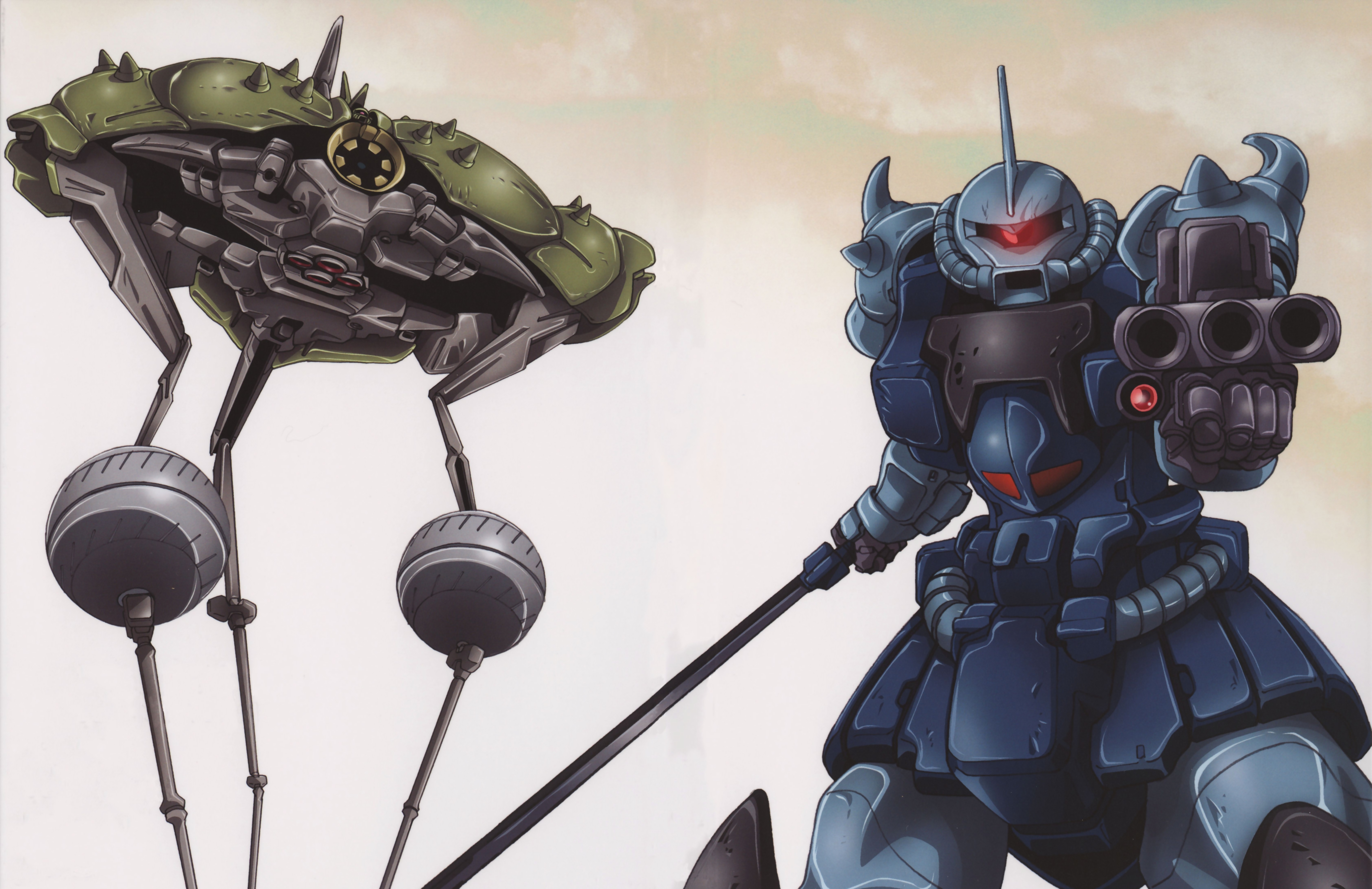 katoki hajime, apsalus, gouf, gouf custom, gundam, gundam 08th ms team, absurdres, concept art, highres, official art, scan, traditional media, 1990s (style), arm cannon, beam cannon, cable, cloud, cloudy sky, machinery, mecha, mecha focus, mobile suit, one-eyed, radio antenna, retro artstyle, robot, science fiction, shoulder spikes, sky, spikes, sword, weapon