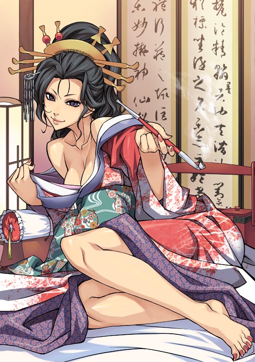 kouenji yukimaru, takemura sessyu, original, bad id, bad pixiv id, 1girl, barefoot, black hair, breasts, cleavage, feet, female focus, geisha, hair ornament, headdress, holding, holding smoking pipe, japanese clothes, kimono, kiseru, nail polish, obi, off shoulder, oiran, pillow, pink nails, purple eyes, sash, sitting, smile, smoke, smoking, smoking pipe, solo, toenail polish, toenails, undressing, yokozuwari