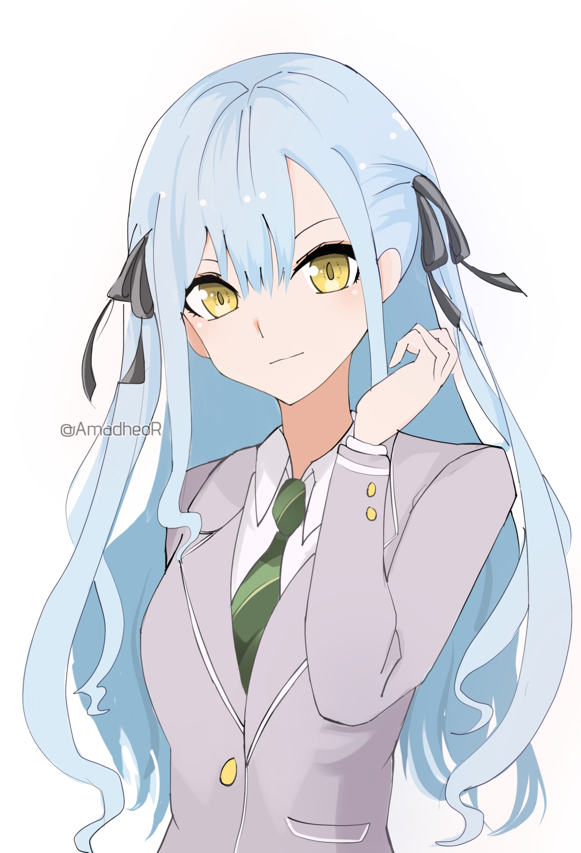 togawa sakiko, bang dream!, bang dream! it's mygo!!!!!, absurdres, highres, amadheor, blue hair, hair ornament, long hair, looking at viewer, school uniform, simple background, skinny, watermark, white background, yellow eyes