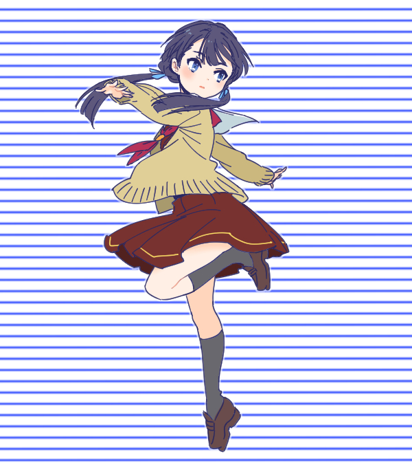 shinanoya (satanicad), murano sayaka, link! like! love live!, love live!, commentary request, revision, 1girl, black socks, blue background, blue eyes, blue hair, brown cardigan, brown dress, brown shoes, cardigan, dress, full body, hasu no sora school uniform, kneehighs, leg up, loafers, long hair, long sleeves, low twintails, neckerchief, open cardigan, open clothes, outstretched arms, pinstripe background, red neckerchief, sailor collar, sailor dress, school uniform, shoes, socks, solo, spread arms, twintails, virtual youtuber, white sailor collar, winter uniform