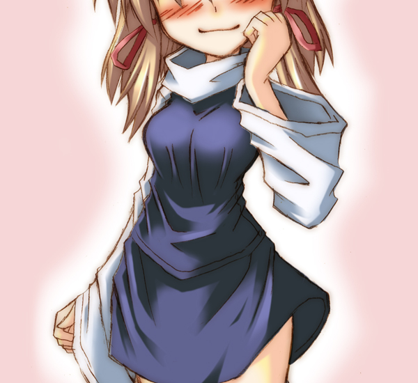 yuuji (itadon), moriya suwako, touhou, 1girl, alternate breast size (larger), blonde hair, blush, breasts, female focus, hair ribbon, large breasts, ribbon, smile, solo