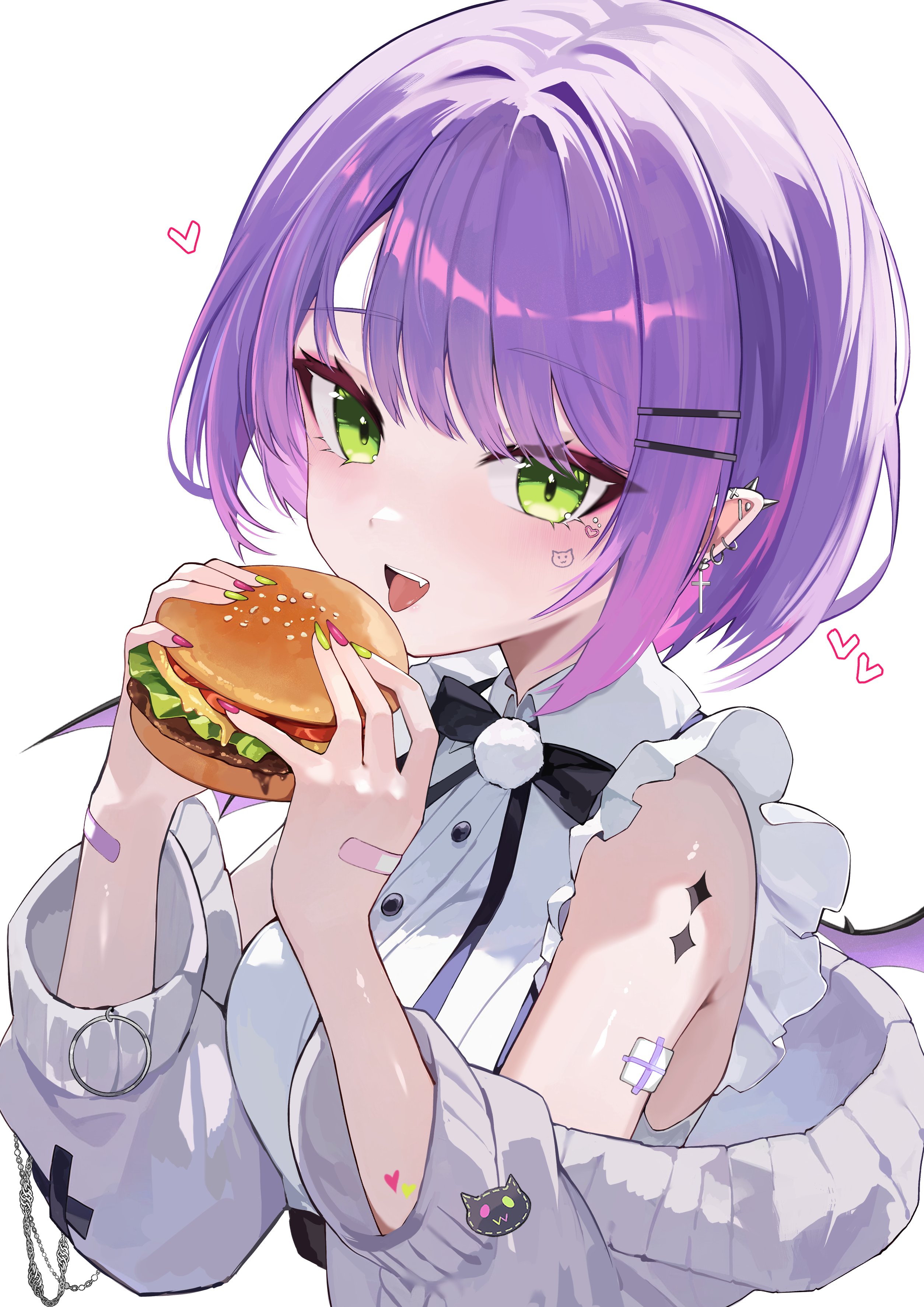 kkato, tokoyami towa, tokoyami towa (jirai kei), hololive, absurdres, commentary, english commentary, highres, 1girl, bandaid, bandaid on arm, bandaid on hand, barbell piercing, black bow, black bowtie, bow, bowtie, burger, cardigan, cardigan partially removed, collared shirt, demon girl, demon wings, ear chain, ear piercing, food, frilled shirt, frilled sleeves, frills, gradient hair, green eyes, grey cardigan, hair ornament, hairclip, hands up, holding, holding burger, holding food, industrial piercing, linked piercing, looking at viewer, multicolored hair, official alternate costume, official alternate hair length, official alternate hairstyle, open mouth, parallel hairclips, piercing, pink hair, pointy ears, pom pom (clothes), purple hair, shirt, short hair, short sleeves, simple background, solo, spiked ear piercing, swept bangs, tongue, tongue out, upper body, virtual youtuber, white background, white shirt, wings