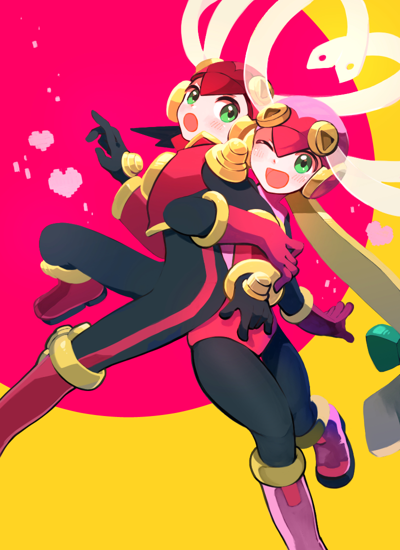 pechka, roll.exe (mega man), mega man (series), mega man battle network (series), commentary request, 2girls, black bodysuit, blush, bodysuit, boots, gloves, green eyes, happy, heart, helmet, locked arms, looking at another, multiple girls, one eye closed, open mouth, pink boots, pink gloves, pink helmet, red boots