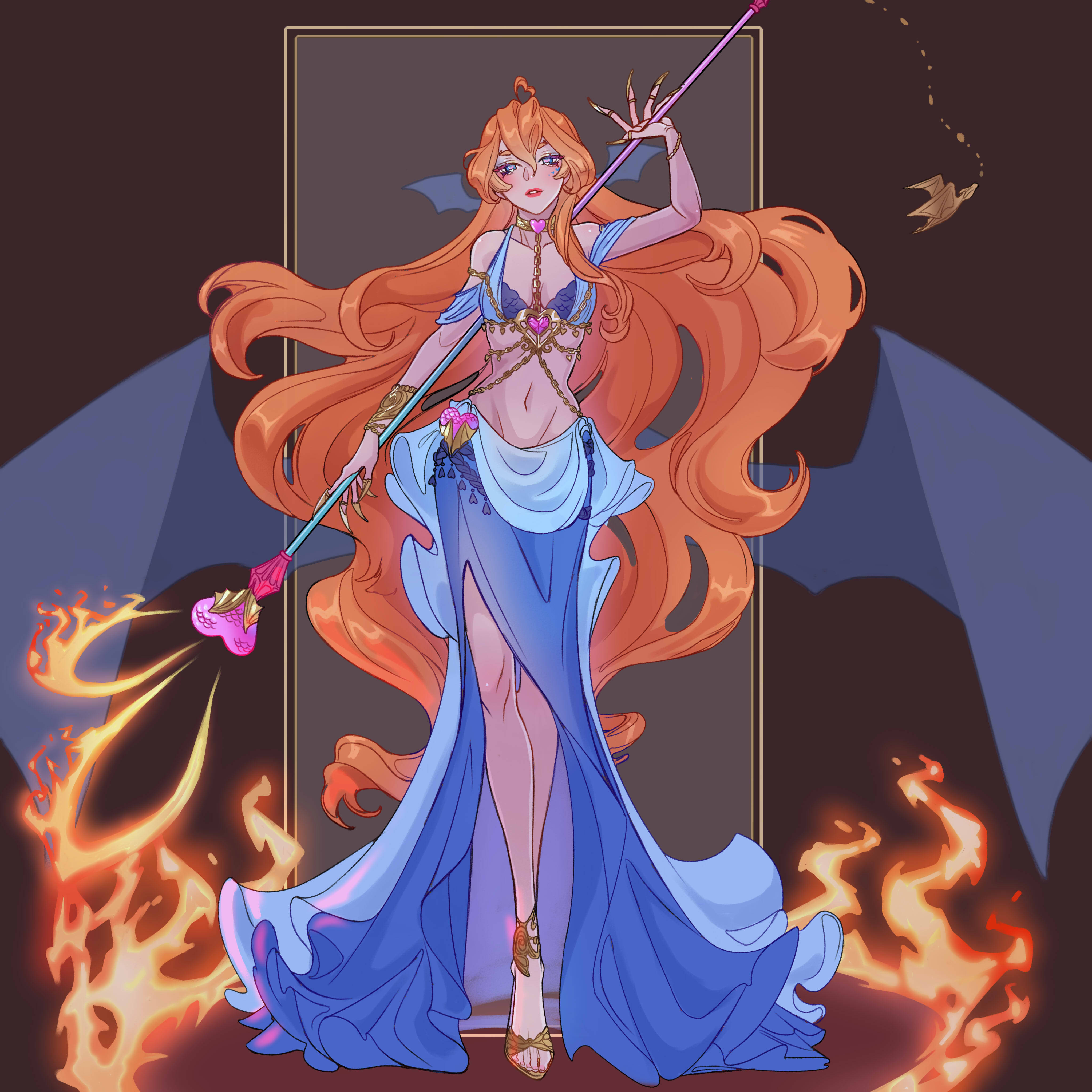 luverihu, bloom (winx club), winx club, absurdres, commentary, english commentary, highres, 1girl, ahoge, bare shoulders, blue eyes, blue wings, breasts, dragon girl, dragon wings, eyelashes, fairy, fairy wings, fire, hair between eyes, heart, holding, holding staff, jewelry, lipstick, long hair, looking at viewer, magical girl, makeup, multiple girls, navel, orange hair, skirt, solo, staff, very long hair, wings