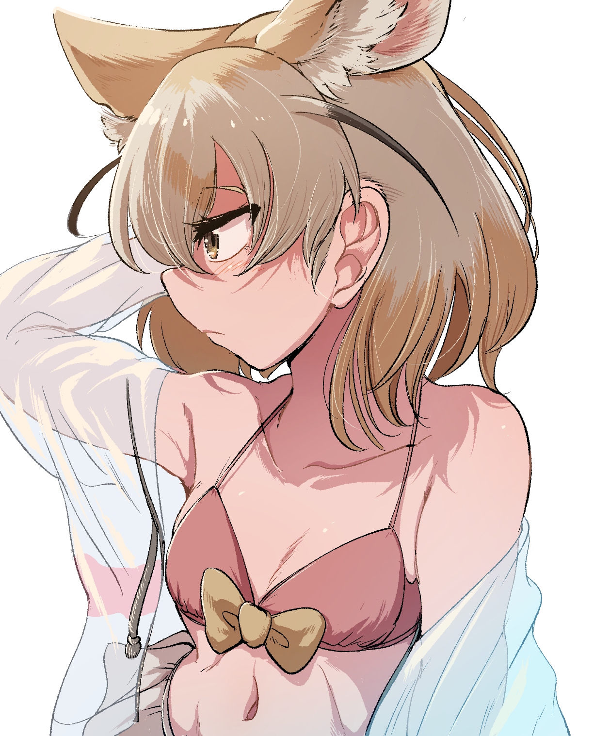 mcgunngu, fennec (kemono friends), kemono friends, highres, 1girl, animal ears, arm up, armpits, bare shoulders, bikini, blonde hair, breasts, cleavage, extra ears, fox ears, fox girl, hood, hoodie, navel, pink bikini, ribbon, short hair, simple background, solo, swimsuit, upper body, white hoodie, yellow eyes, yellow ribbon