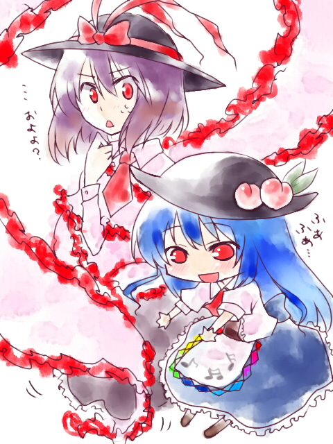 myama, hinanawi tenshi, nagae iku, touhou, bad id, bad pixiv id, translated, 2girls, blue hair, child, dress, female focus, food, frills, fruit, hat, multiple girls, musical note, peach, purple hair, red eyes