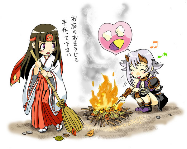 choshichiro, shizuka (queen's blade), queen's blade, tomoe, resized, 2girls, broom, chibi, fire, food, headband, horns, japanese clothes, miko, multiple girls, pixiv thumbnail, roasted sweet potato, sweet potato
