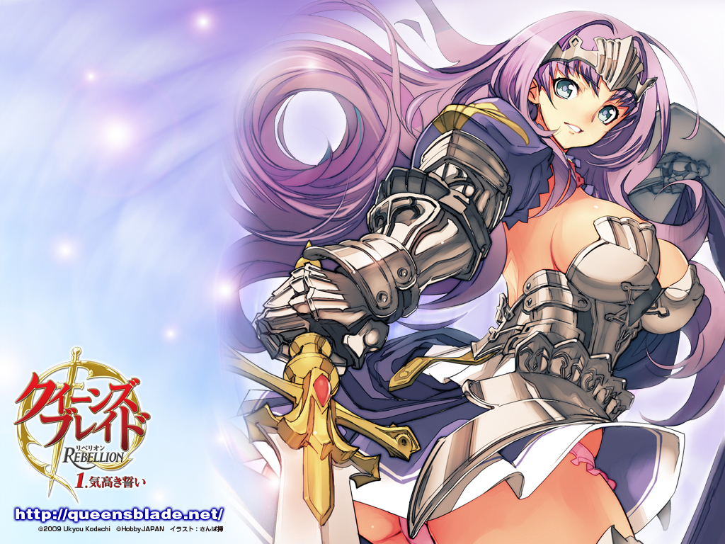 sanbasou, annelotte, knight princess annelotte, queen's blade, queen's blade rebellion, 00s, 10s, 1girl, annelotte (queen's blade), armor, armored dress, ass, blue eyes, breasts, dress, female focus, frilled panties, frills, helm, helmet, huge breasts, large breasts, long hair, looking back, panties, pantyshot, pink panties, purple hair, shield, sideboob, smile, solo, sparkle, sword, underwear, upskirt, very long hair, weapon