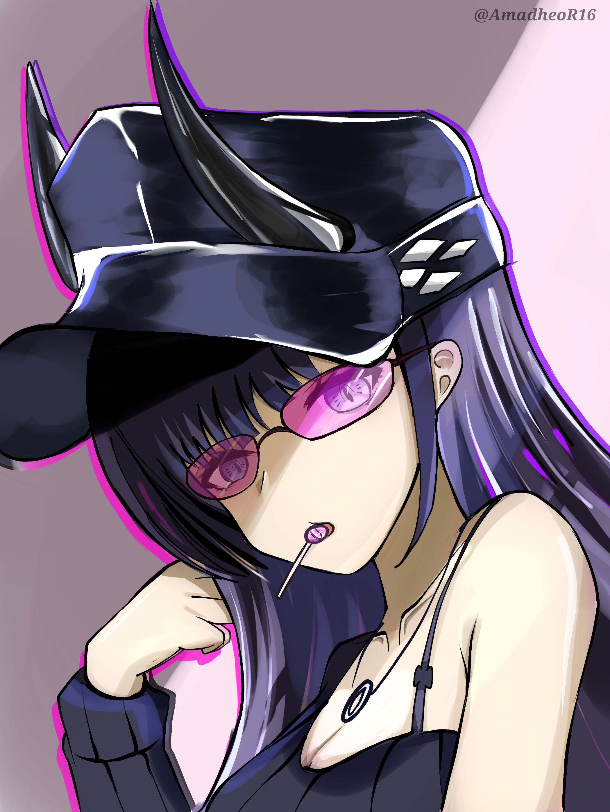 noshiro (azur lane), azur lane, absurdres, highres, amadheor, black hat, candy, food, hat, horns, lollipop, looking at viewer, purple eyes, sweater, tinted eyewear, upper body, watermark