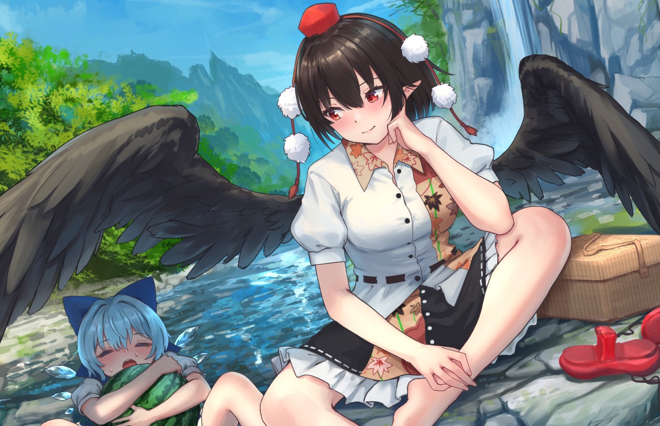 roke (taikodon), cirno, shameimaru aya, touhou, commentary request, 2girls, bare arms, bare legs, barefoot, black hair, black wings, blue bow, blue hair, blue sky, blush, bow, breasts, cliff, closed eyes, day, food, frilled skirt, frills, fruit, hair between eyes, hair bow, hand on own leg, hat, ice, ice wings, medium breasts, multiple girls, open mouth, outdoors, picnic basket, pointy ears, pom pom (clothes), puffy short sleeves, puffy sleeves, red eyes, shirt, shoes, short hair, short sleeves, sitting, skirt, sky, smile, tokin hat, untucked shirt, unworn shoes, water, waterfall, watermelon, white shirt, wings